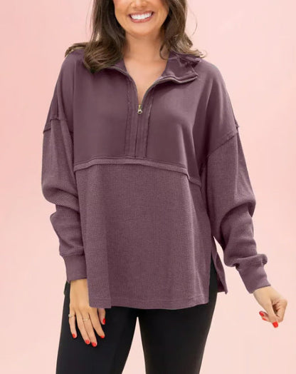 Damen Pullover Halbzipper Voluminöse Ärmel Grau Eveloria