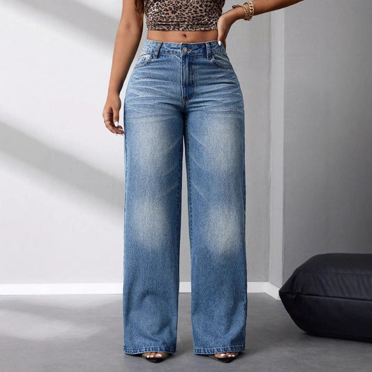 Damen High-Waist Jeans Weit Geschnitten Vintage-Stil Eveloria - Eveloria