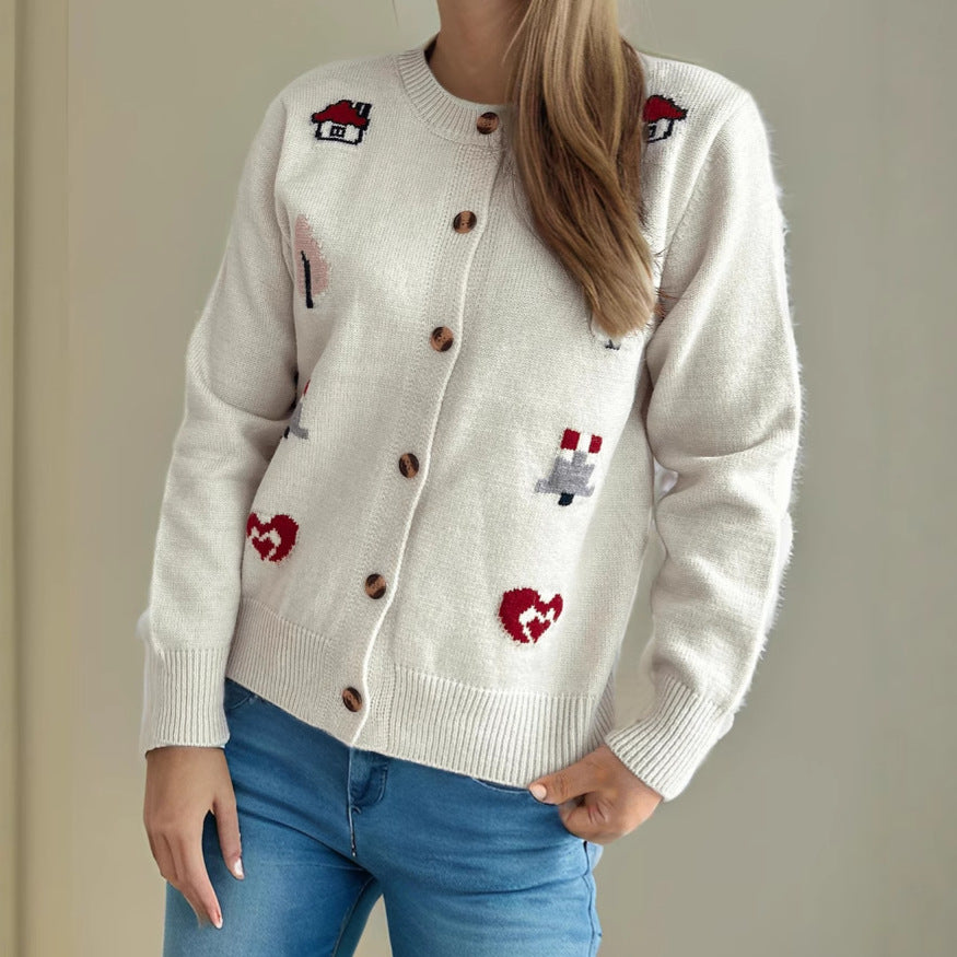 Damen Strickjacke Bunt Applikationen Knopfverschluss - Eveloria