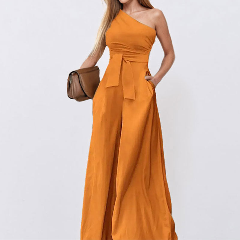 Damen One-Shoulder Jumpsuit Taillengürtel Weite Beine Eveloria