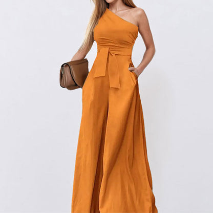 Damen One-Shoulder Jumpsuit Taillengürtel Weite Beine Eveloria