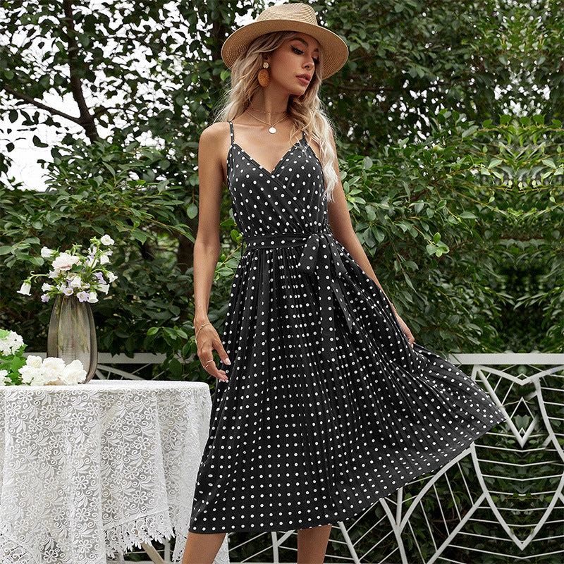 Damen Midikleid Taillengürtel Polka Dot Muster
