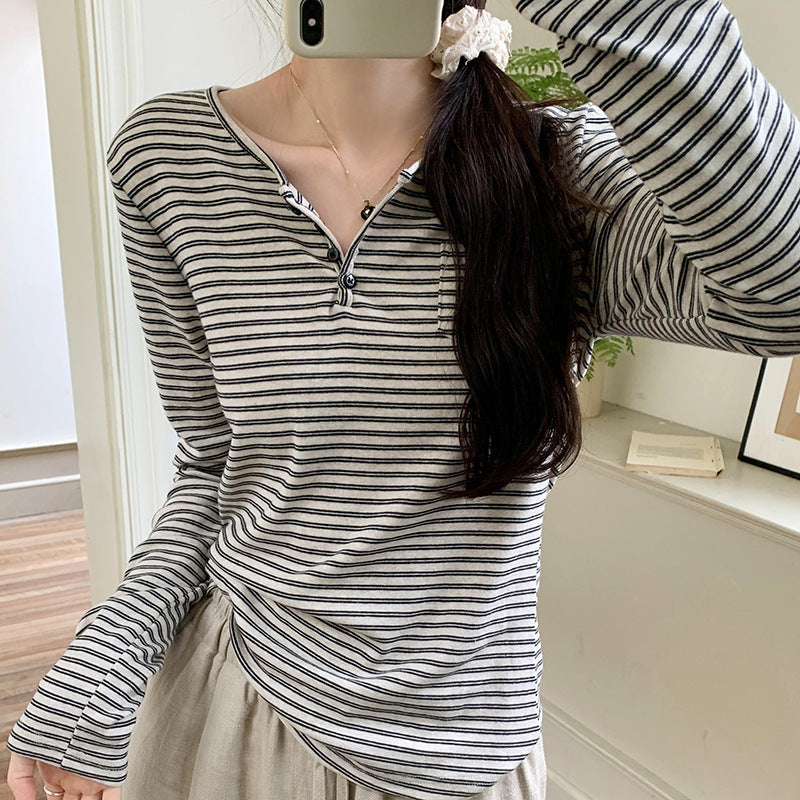 Damen Langarmshirt Streifenmuster Knöpfe Weiß - Eveloria