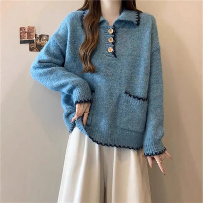 Damen Strickpullover mit Kragen und Knöpfen