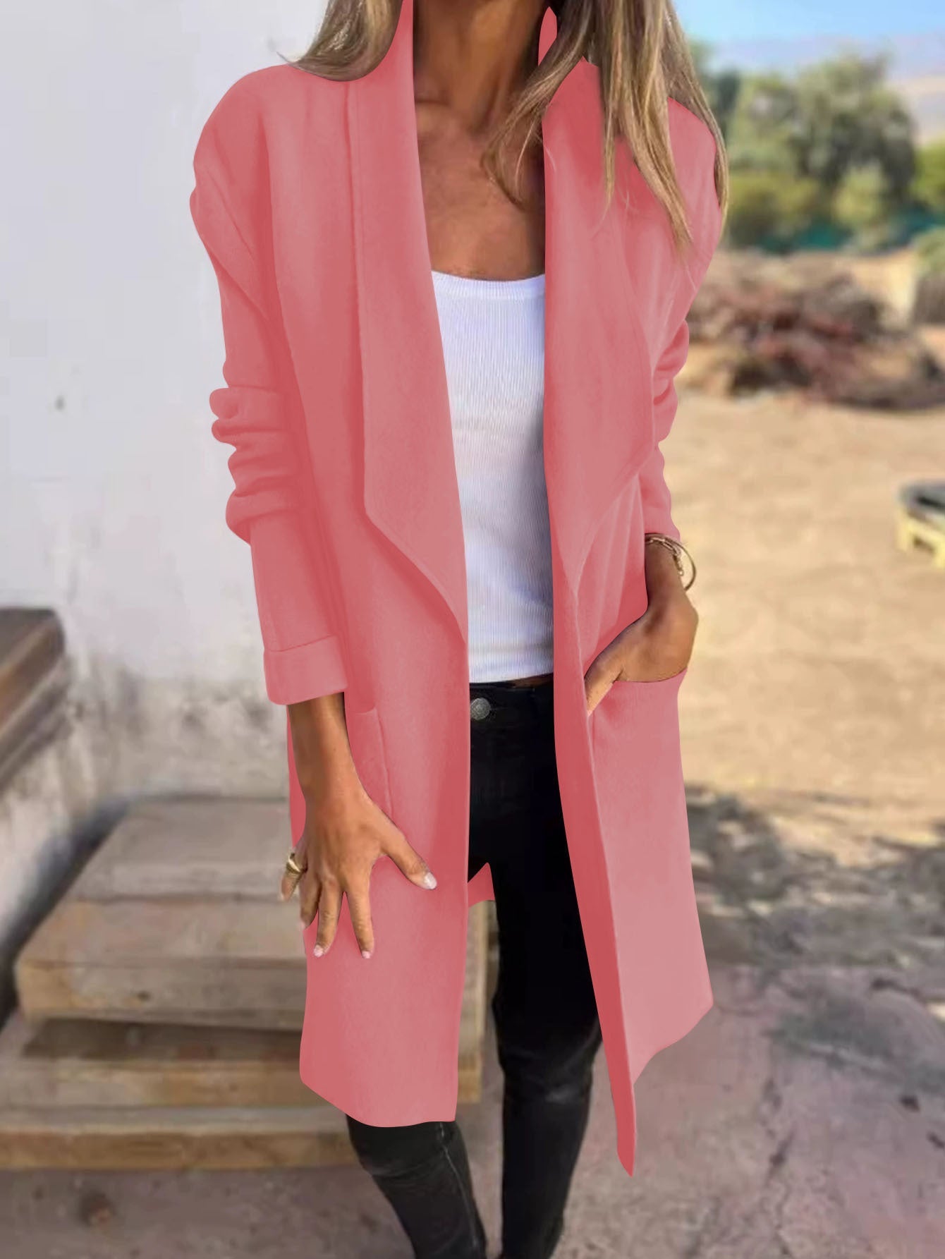 Damen Oversized-Mantel Lässig Eingrifftaschen Offener Kragen