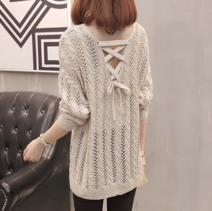 Damen Strickpullover V-Ausschnitt Feine Lochstruktur Grau Eveloria