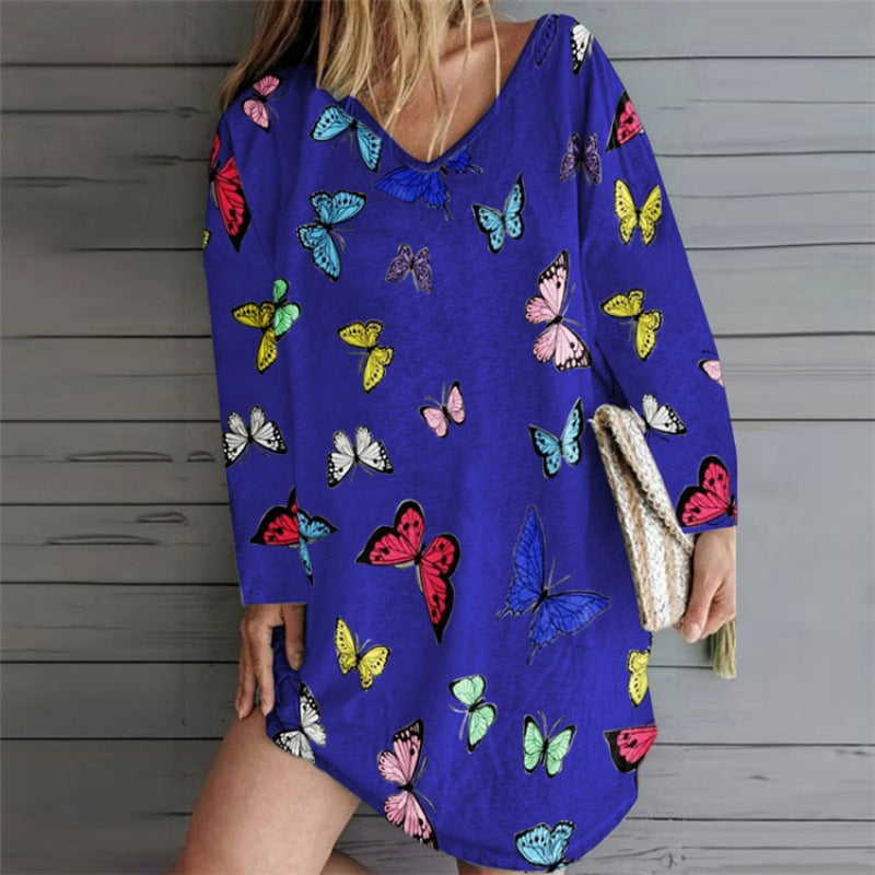 Damen Freizeitkleid mit Schmetterlingsmuster V-Ausschnitt Bunt