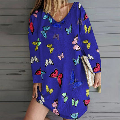 Damen Freizeitkleid mit Schmetterlingsmuster V-Ausschnitt Bunt