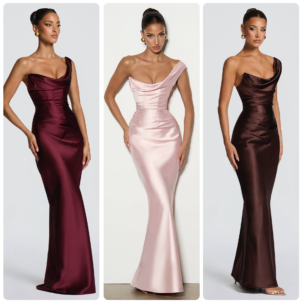 Damen Abendkleid Schulterfrei Satin Schwarz Eveloria - Eveloria