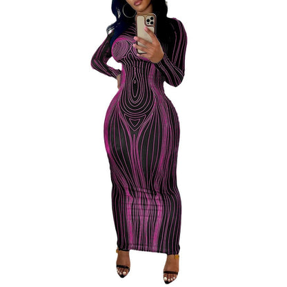 Damen Maxikleid Langarm Figurbetont Mit Grafikdesign Eveloria