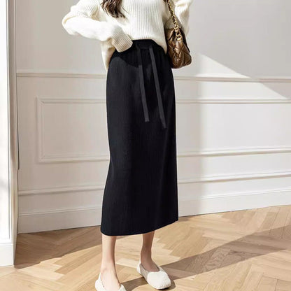 Damen Midi-Rock Elastischer Bund Taillierender Bindegürtel