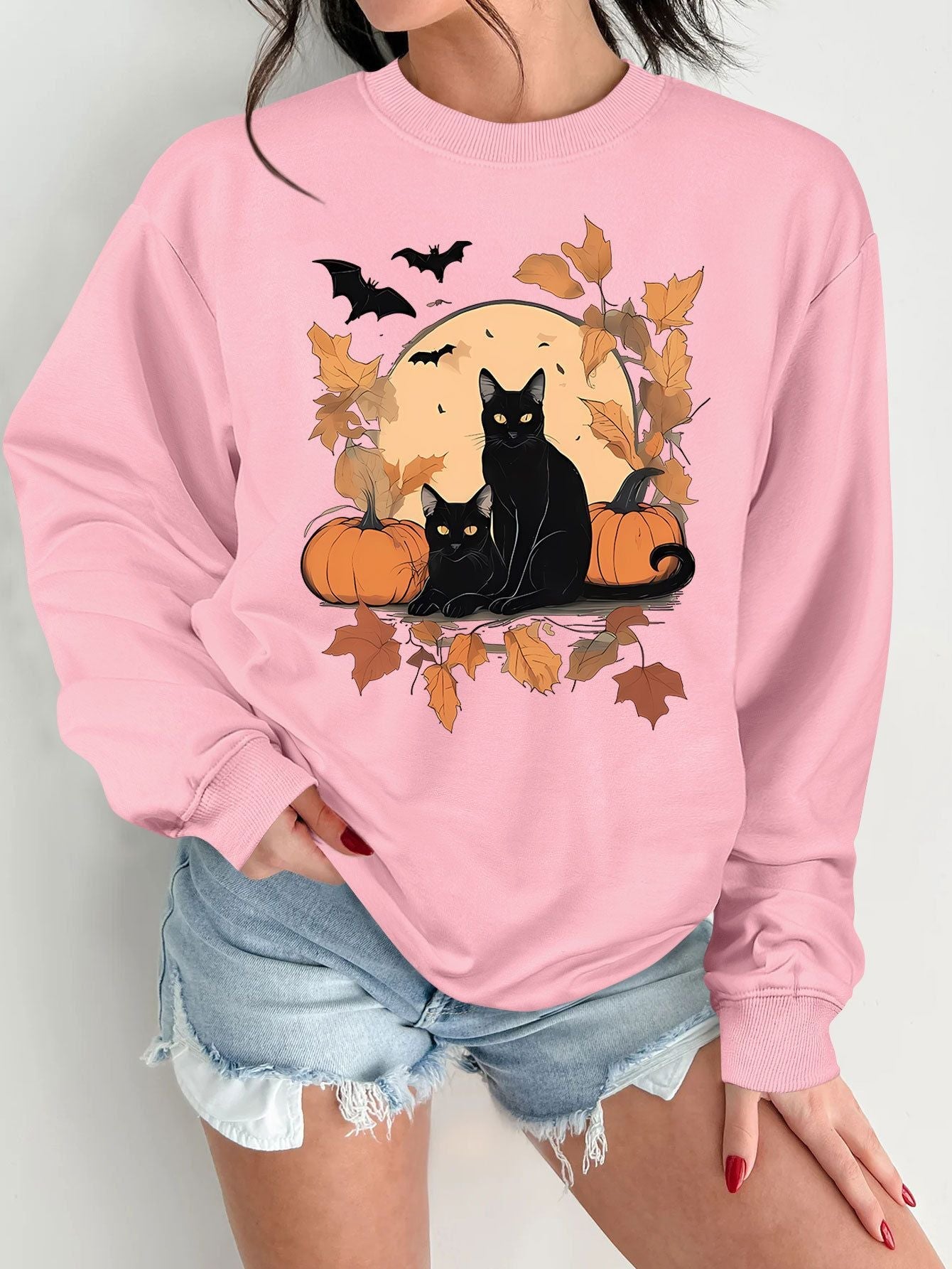 Damen Sweatshirt Herbstlich Katzen Kürbis Design Eveloria