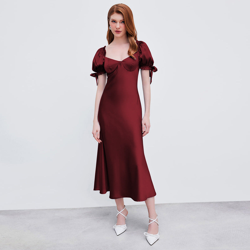 Damen Midi-Kleid Puffärmel V-Ausschnitt Eveloria