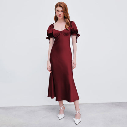 Damen Midi-Kleid Puffärmel V-Ausschnitt Eveloria