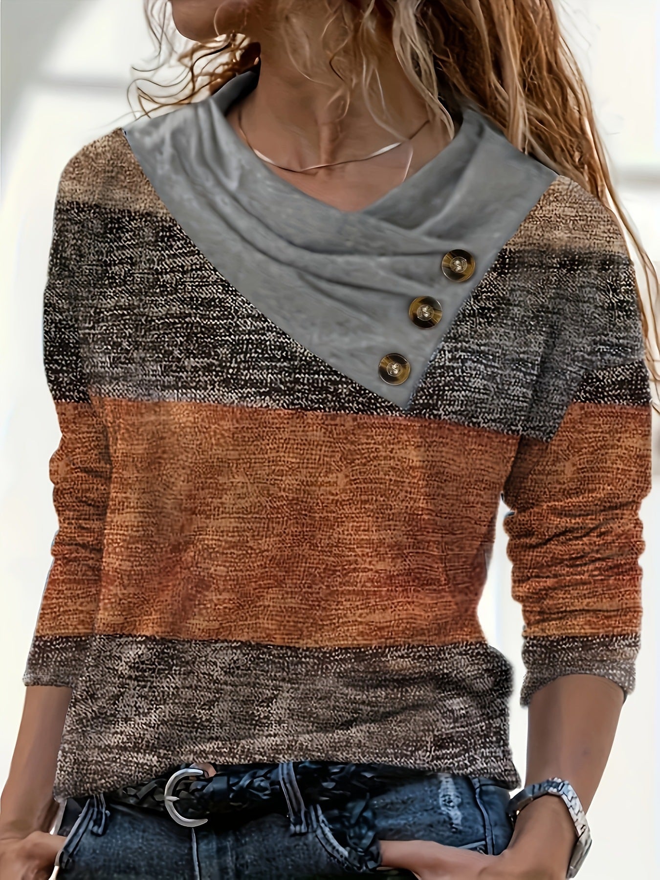 Damen Pullover Asymmetrischer Kragen Knopfdetails Eveloria