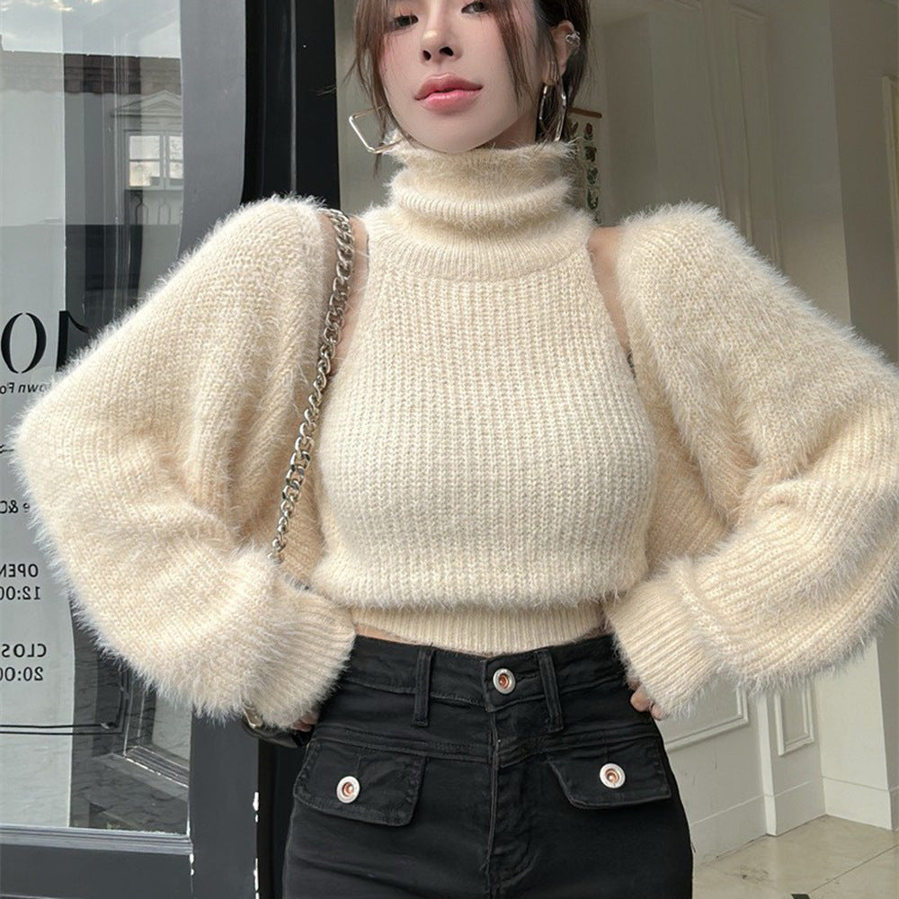 Damen Rollkragenpullover Puffärmel Eveloria