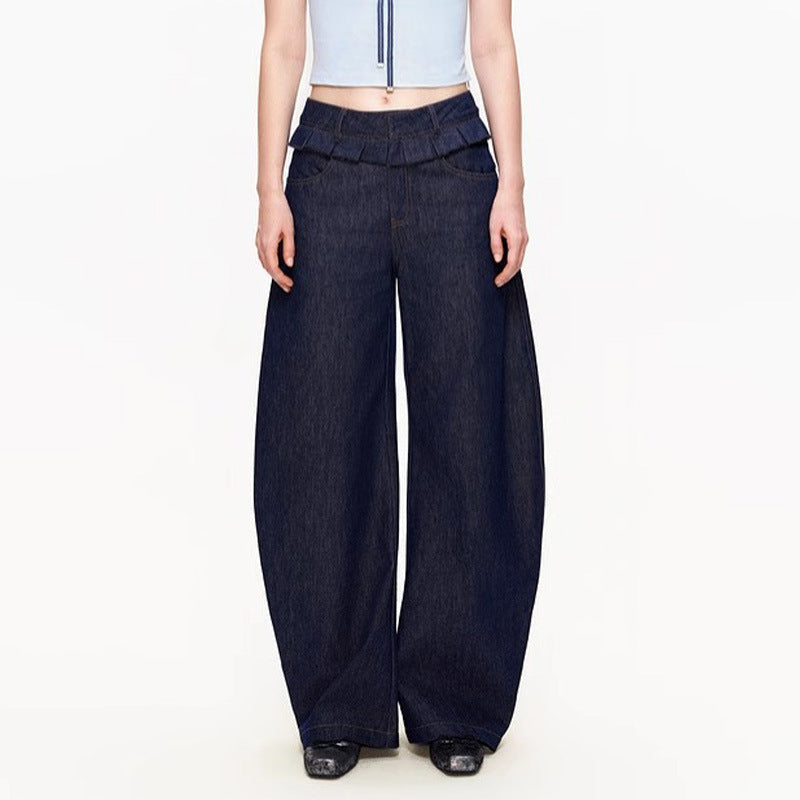 Damen Weite Denim-Hose Hochgeschnitten Mit Falten Blau Eveloria - Eveloria