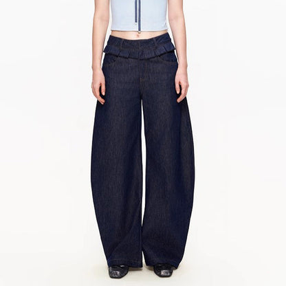 Damen Weite Denim-Hose Hochgeschnitten Mit Falten Blau Eveloria - Eveloria