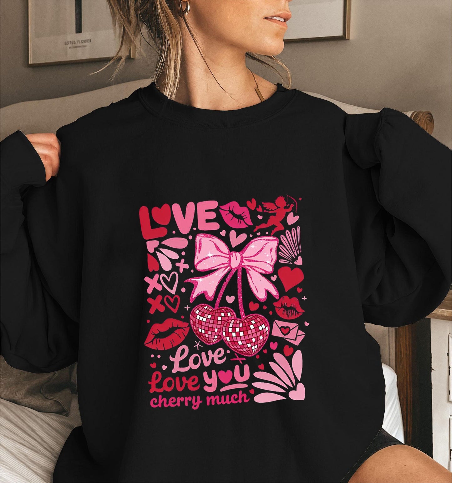 Damen Sweatshirt Voluminöse Ärmel Kirschmotiv
