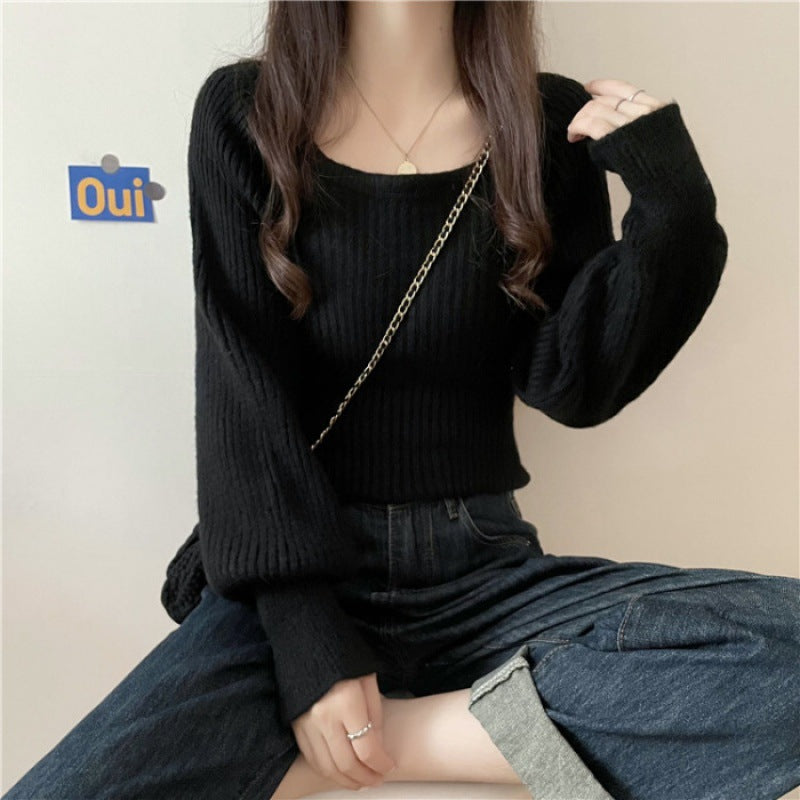 Damen Rippstrickpullover Weite Ärmel Bequem Grau