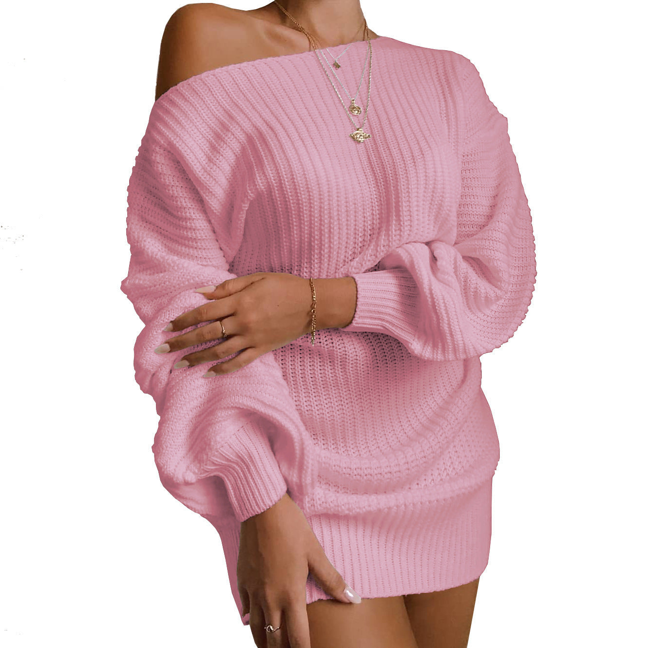 Damen Strickkleid Schulterfrei Voluminöse Ärmel Eveloria