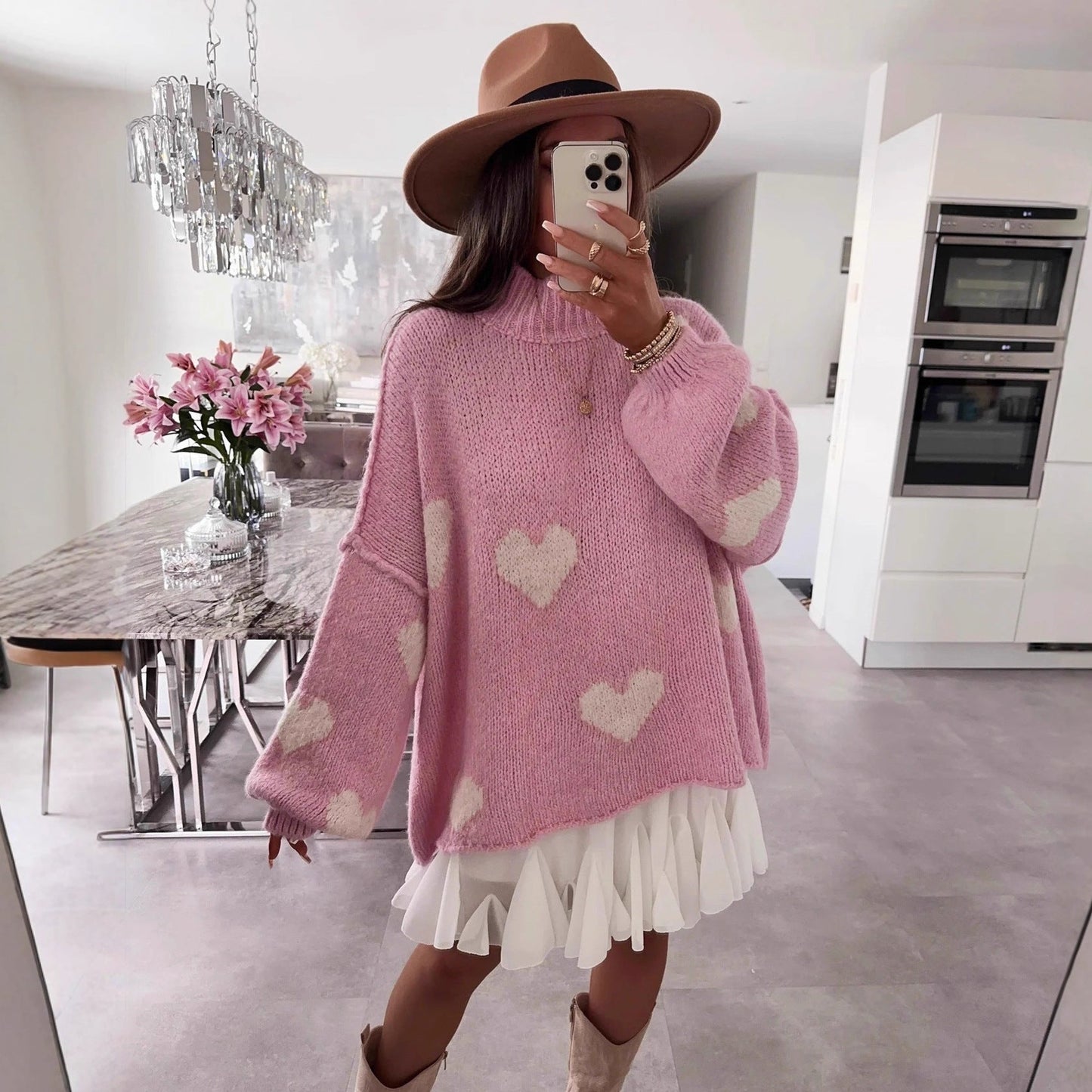 Damen Oversized-Pullover Herz-Muster Voluminöse Ärmel Grau