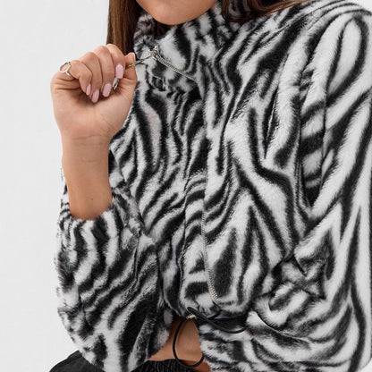 Damen Fleecejacke Cropped Zebra-Design Elastisch