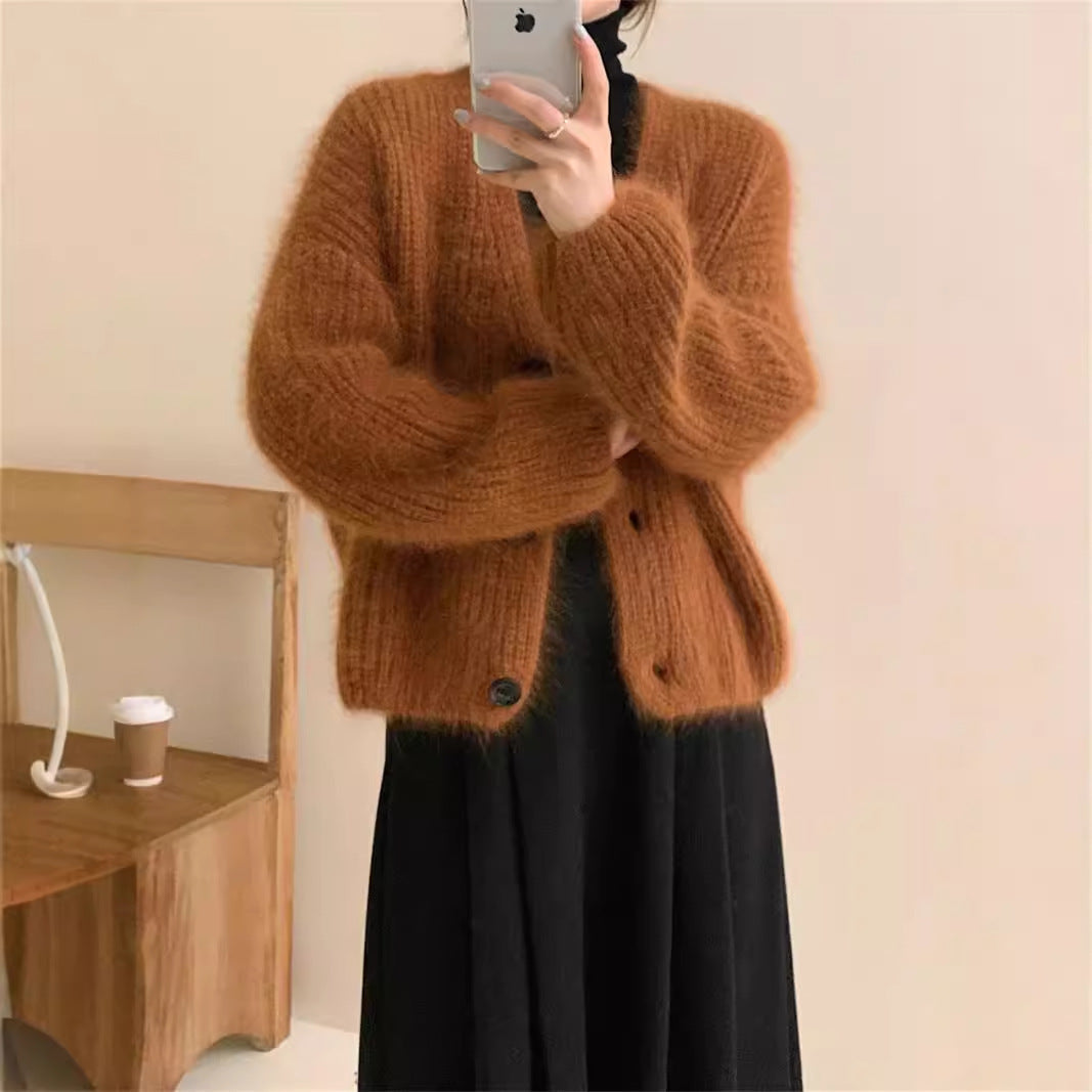 Damen Strickjacke Flausch Lässiger Schnitt Beige