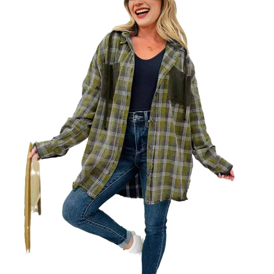Damen Karo-Hemdjacke Oversized mit Fransen Details Braun