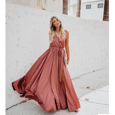 Damen Maxikleid mit hoher Teilung und Taillengürtel Eveloria - Eveloria
