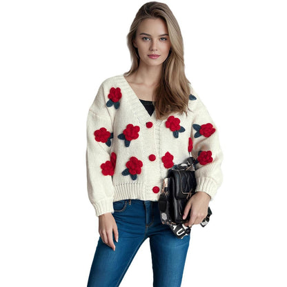 Damen Strickjacke Florales 3D-Design Große Knöpfe