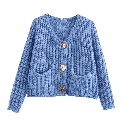 Damen Strickjacke Kuschelig Mit Taschen Goldfarben