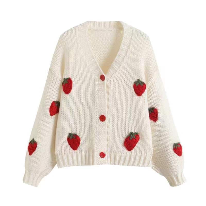 Damen Strickjacke Frucht-Applikationen Knopfdetails Eveloria