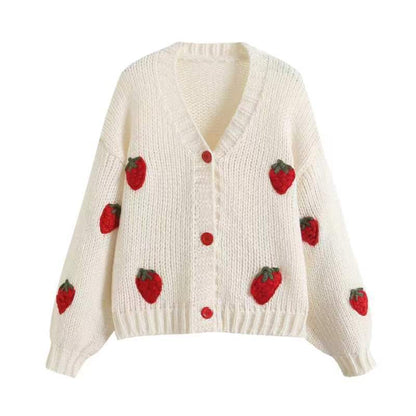 Damen Strickjacke Frucht-Applikationen Knopfdetails Eveloria