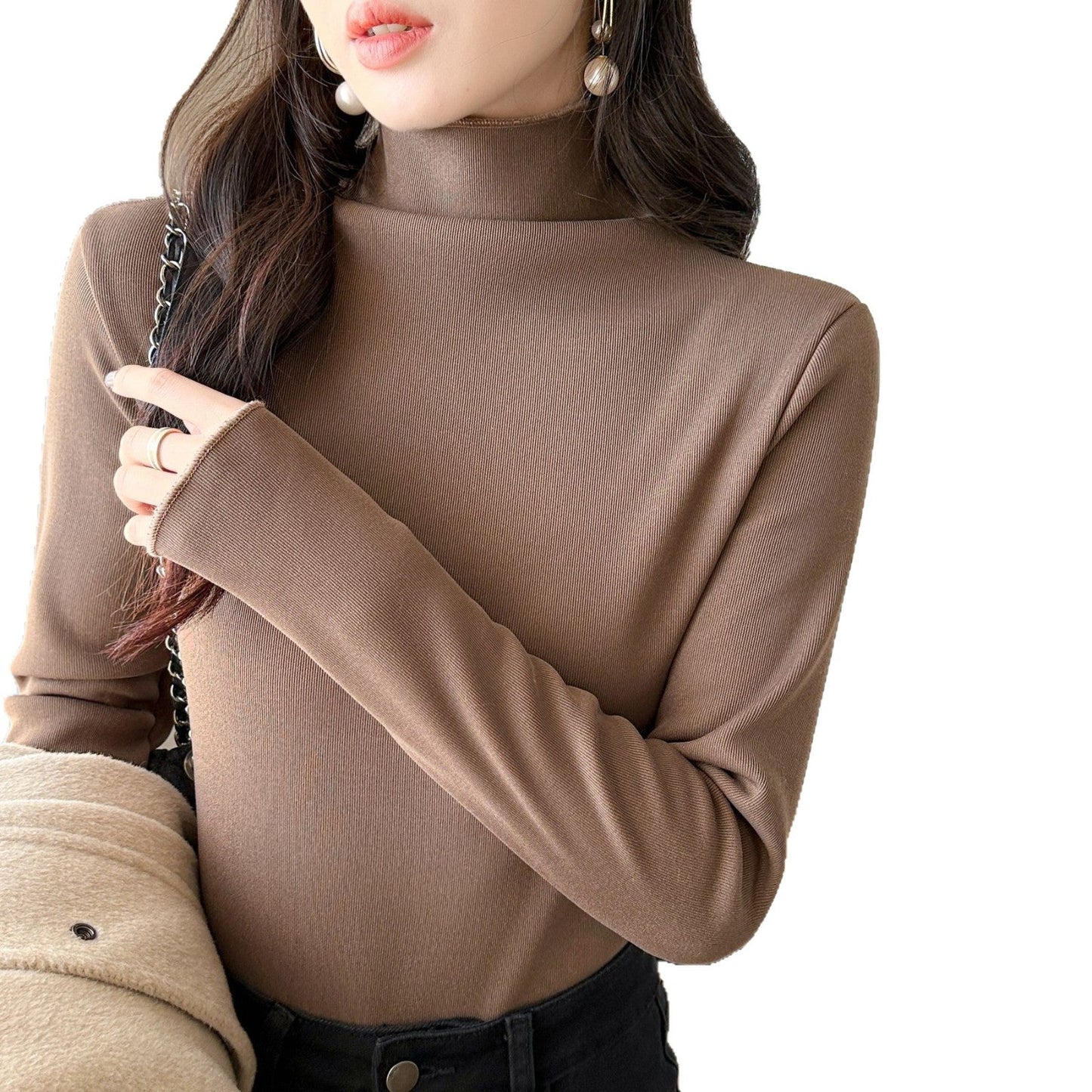 Eveloria Damen Langarm-Oberteil Hochkragen Slim Fit
