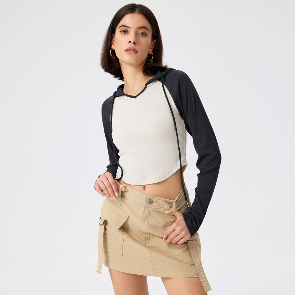 Damen Cropped Sportoberteil Kapuze Längsärmelig Eveloria