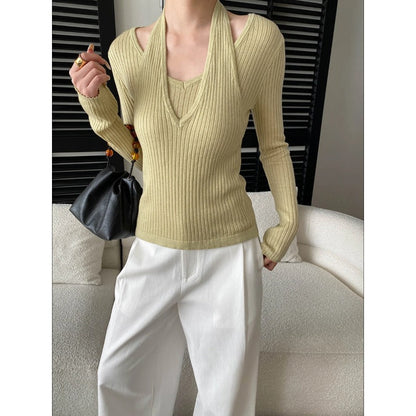 Damen Strickpullover V-Ausschnitt mit Cut-Outs Elegant Schwarz - Eveloria
