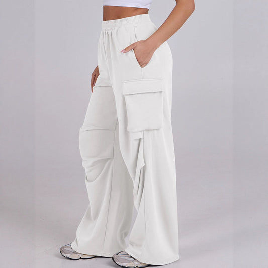 Damen Cargo-Hose Elastischer Bund Weite Beine Beige - Eveloria