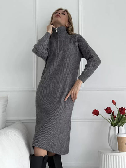 Damen Strickkleid Stehkragen Reißverschluss Eveloria