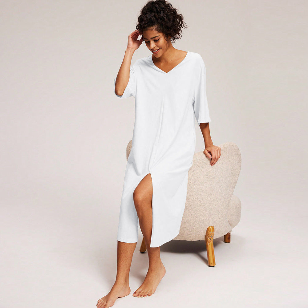 Damen Midikleid V-Ausschnitt Seitenschlitz Eveloria