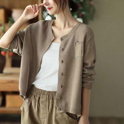 Damen Strickcardigan Leicht Knopfverschluss Taschen Beige - Eveloria