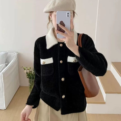 Damen Fluffy Jacke Besonderes Knopfdesign Eveloria