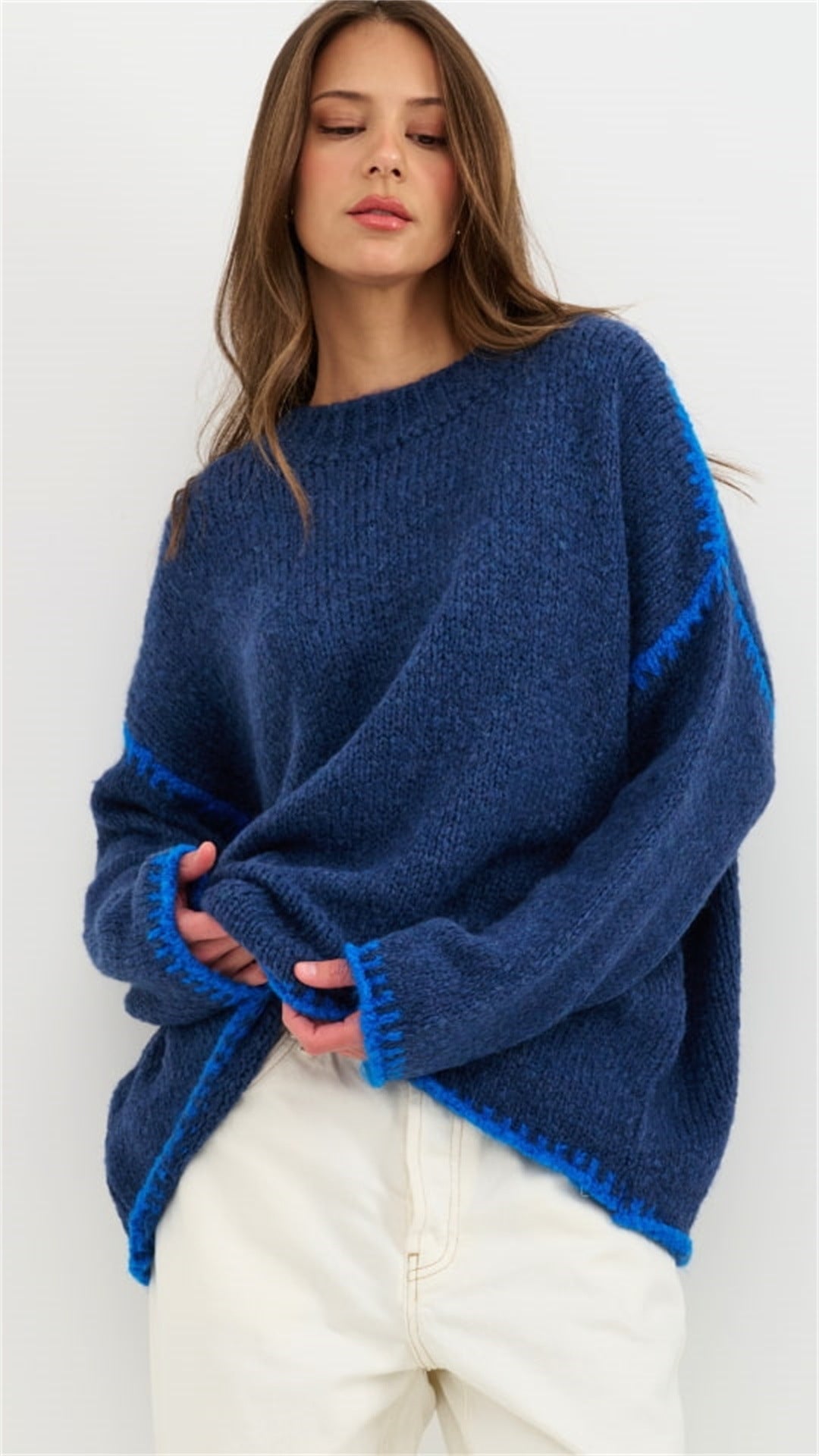 Damen Strickpullover Lässig Farbakzent Saum Eveloria