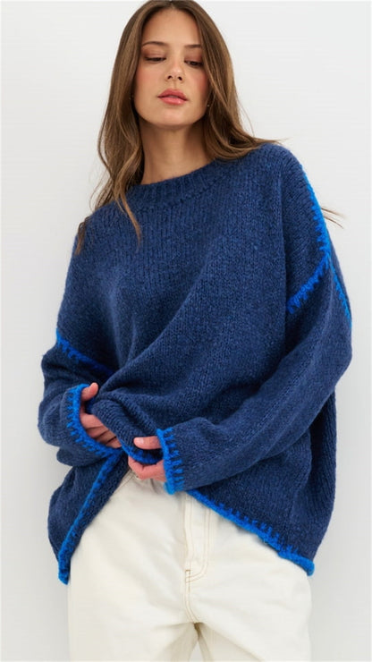 Damen Strickpullover Lässig Farbakzent Saum Eveloria