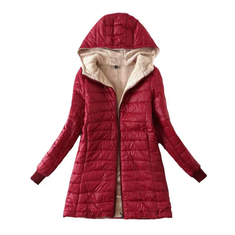 Damen Pufferjacke Mittellang Wattiert Mit Kapuze Plüschfutter