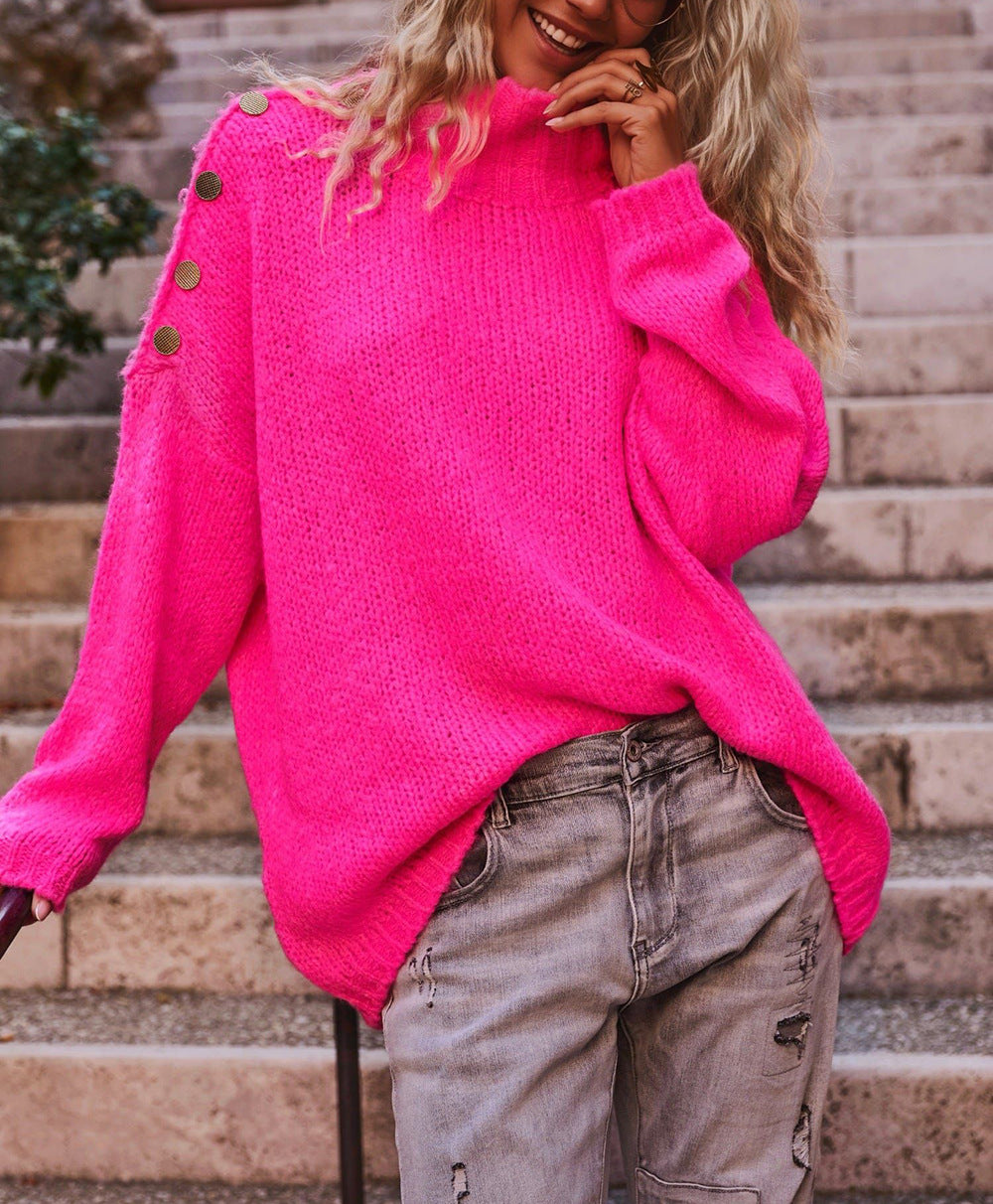 Damen Oversized Strickpullover Hochkragen Dekorative Knöpfe