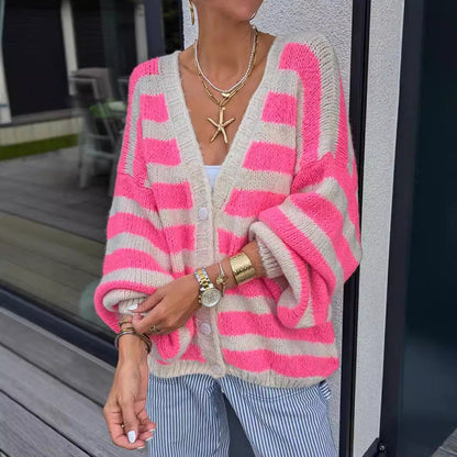 Damen Strickcardigan Lässig Streifenmuster Beige - Eveloria