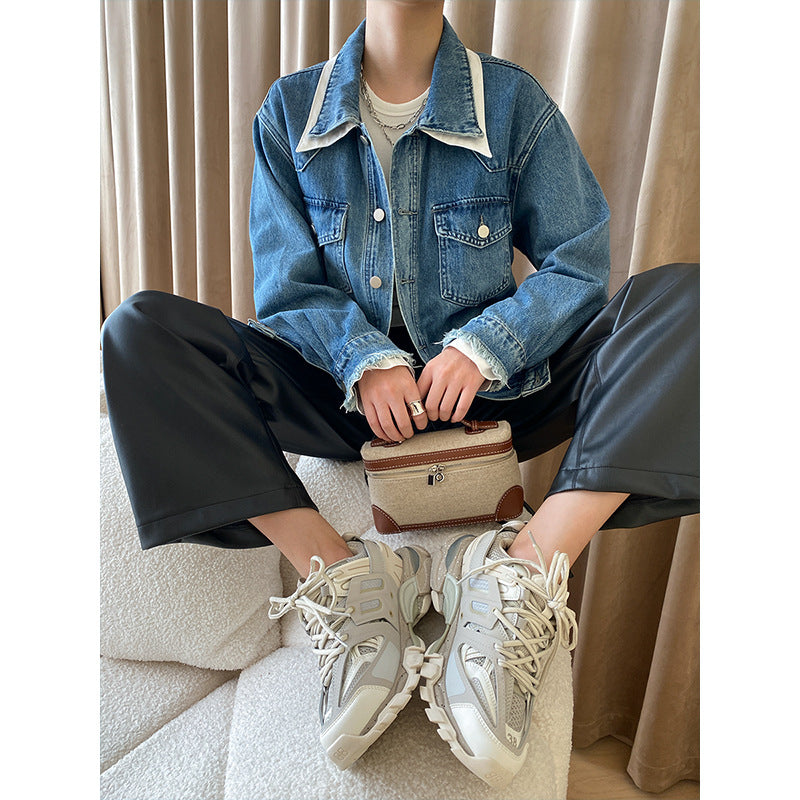 Damen Oversized Jeansjacke mit Kragen und Taschen Eveloria