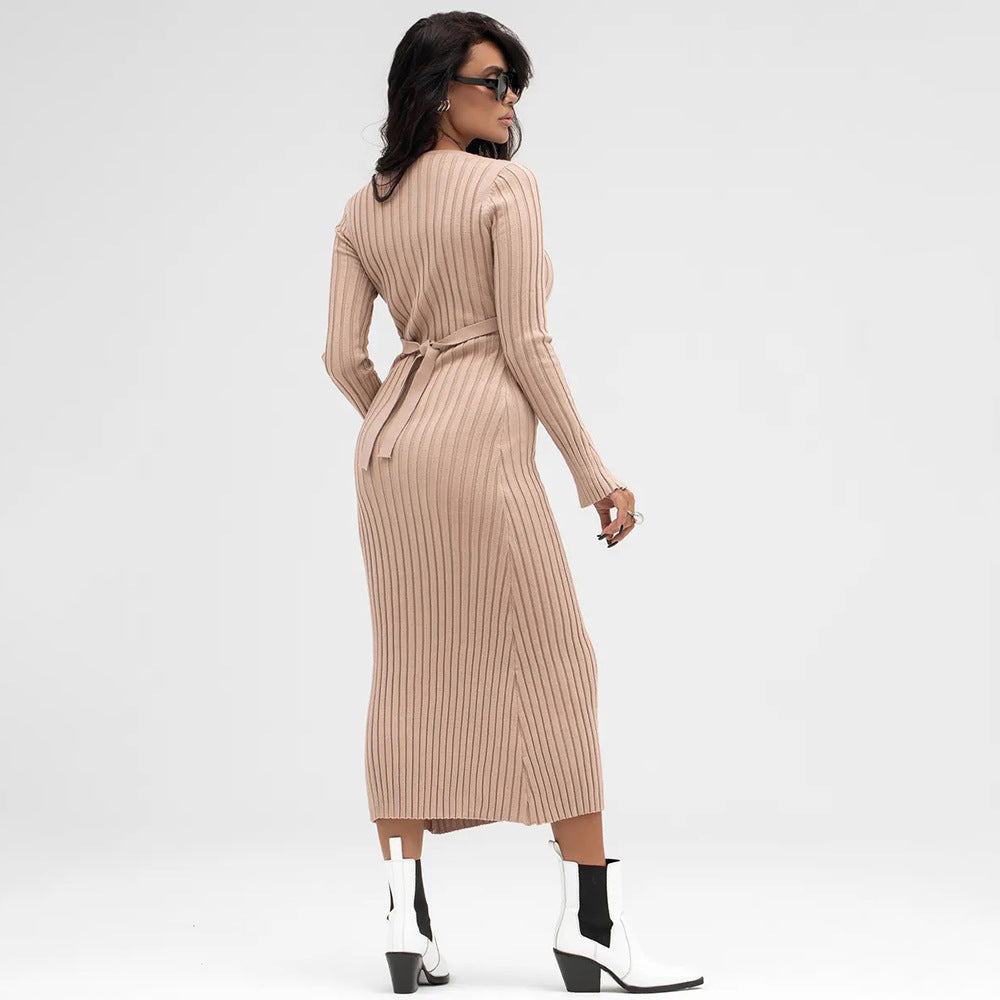 Damen Strickkleid V-Ausschnitt Rippenstruktur Eveloria