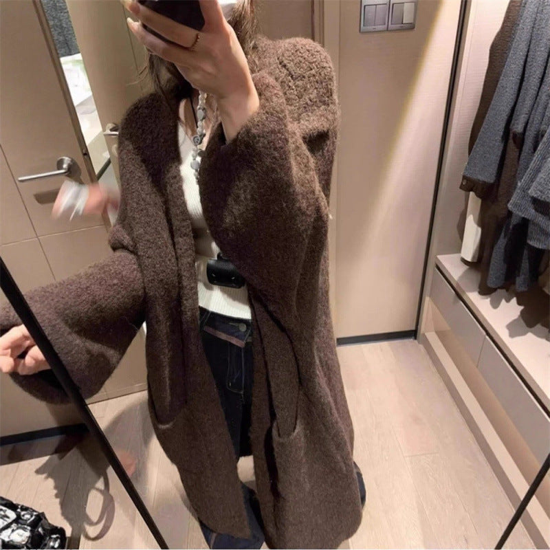 Damen Strickjacke Fluffig Weite Passform Große Taschen Beige